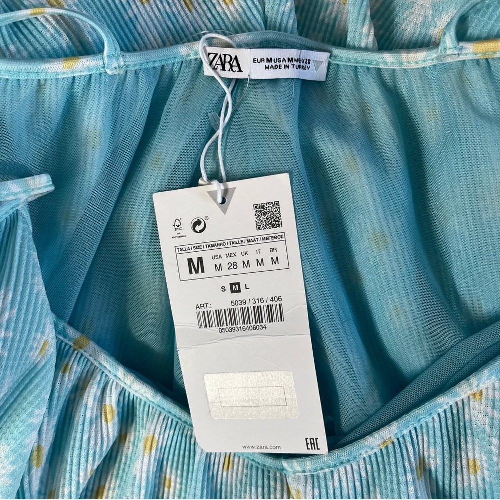NEW Zara Mini Dress Women Medium Powder Blue Floral Print Crinkle Sleeveless NWT - Picture 5 of 9